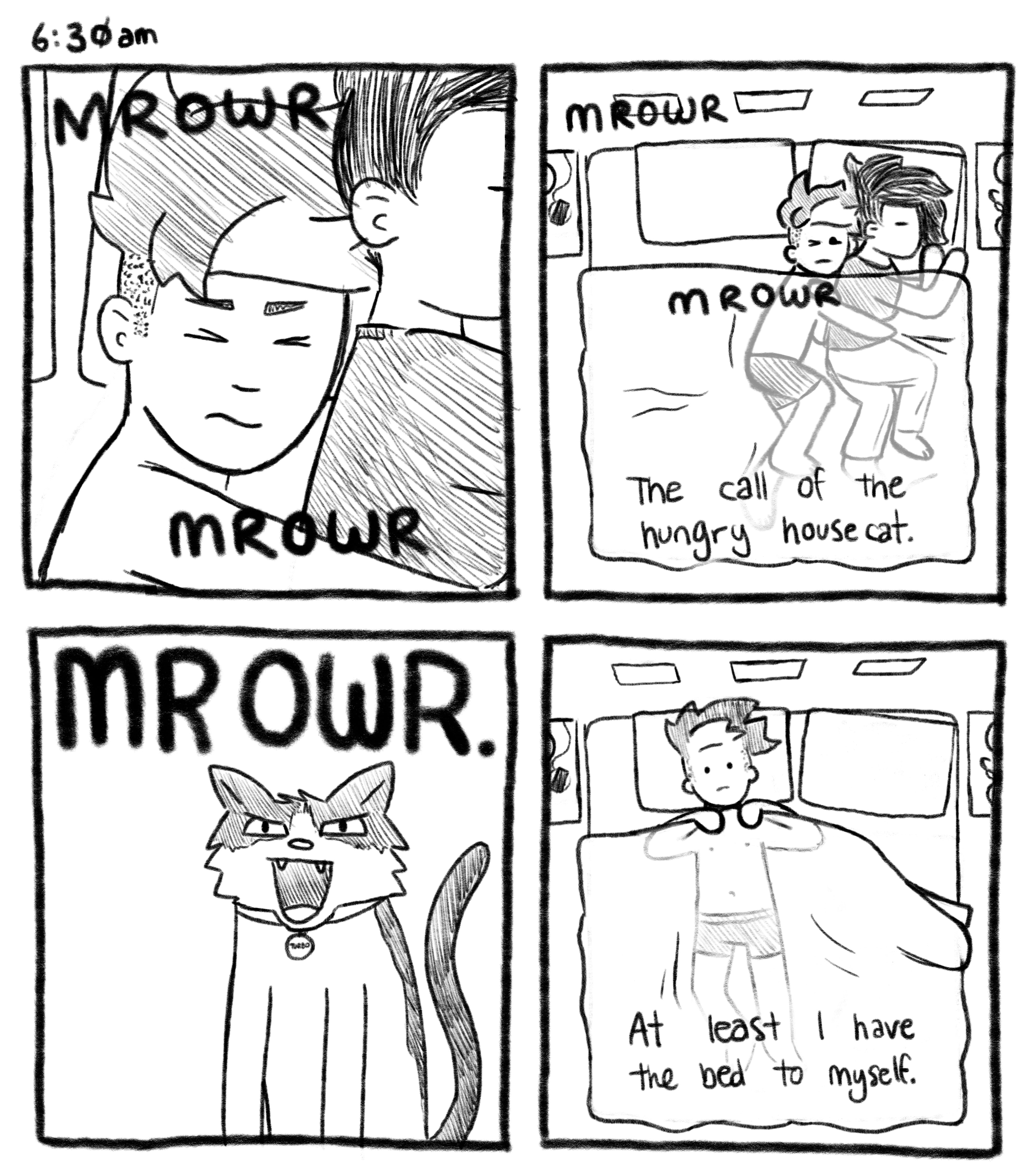 6:30am; Panel 1: Close up of Jelly, just waking up. Turbo V.O.: MROWR. MROWR. Panel 2: Jelly has rolled all the way over into Mel's side of the bed for cuddles. Turbo V.O.: MROWR. MROWR.  Jelly V.O.: The call of the hungry house cat. Panel 3: A very angry cat (Turbo). Turbo: MROWR. Panel 4: Mel has left the bed, and Jelly is now laying on his back in the centre. Jelly V.O.: At least I have the bed to myself.