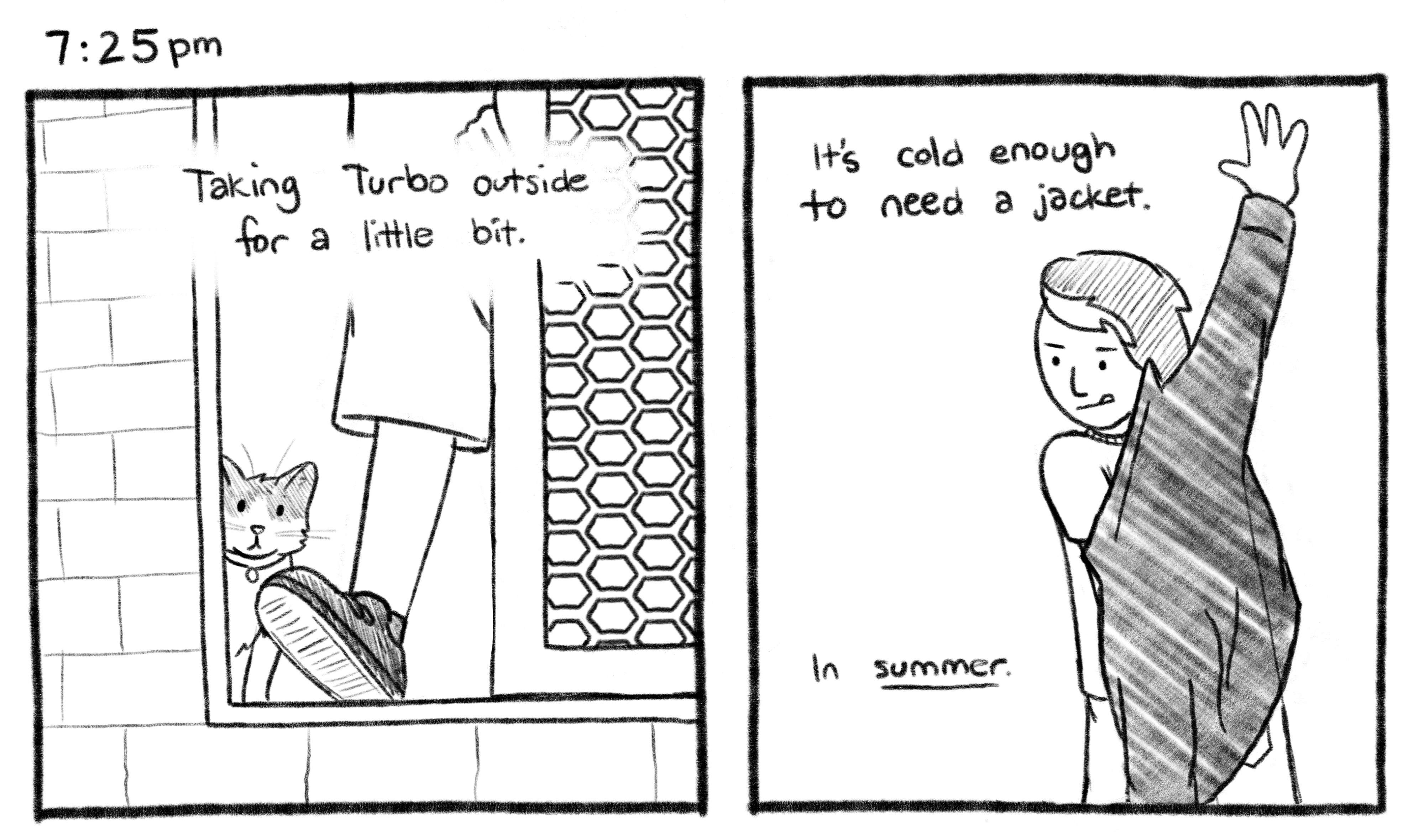 7:25pm; Panel 1: Jelly is stepping through a sliding door, with Turbo peeking out behind him. Jelly V.O.: Taking Turbo outside for a little bit. Panel 2: Jelly is putting on a jacket. Jelly V.O.: It's cold enough to need a jacket. In summer.