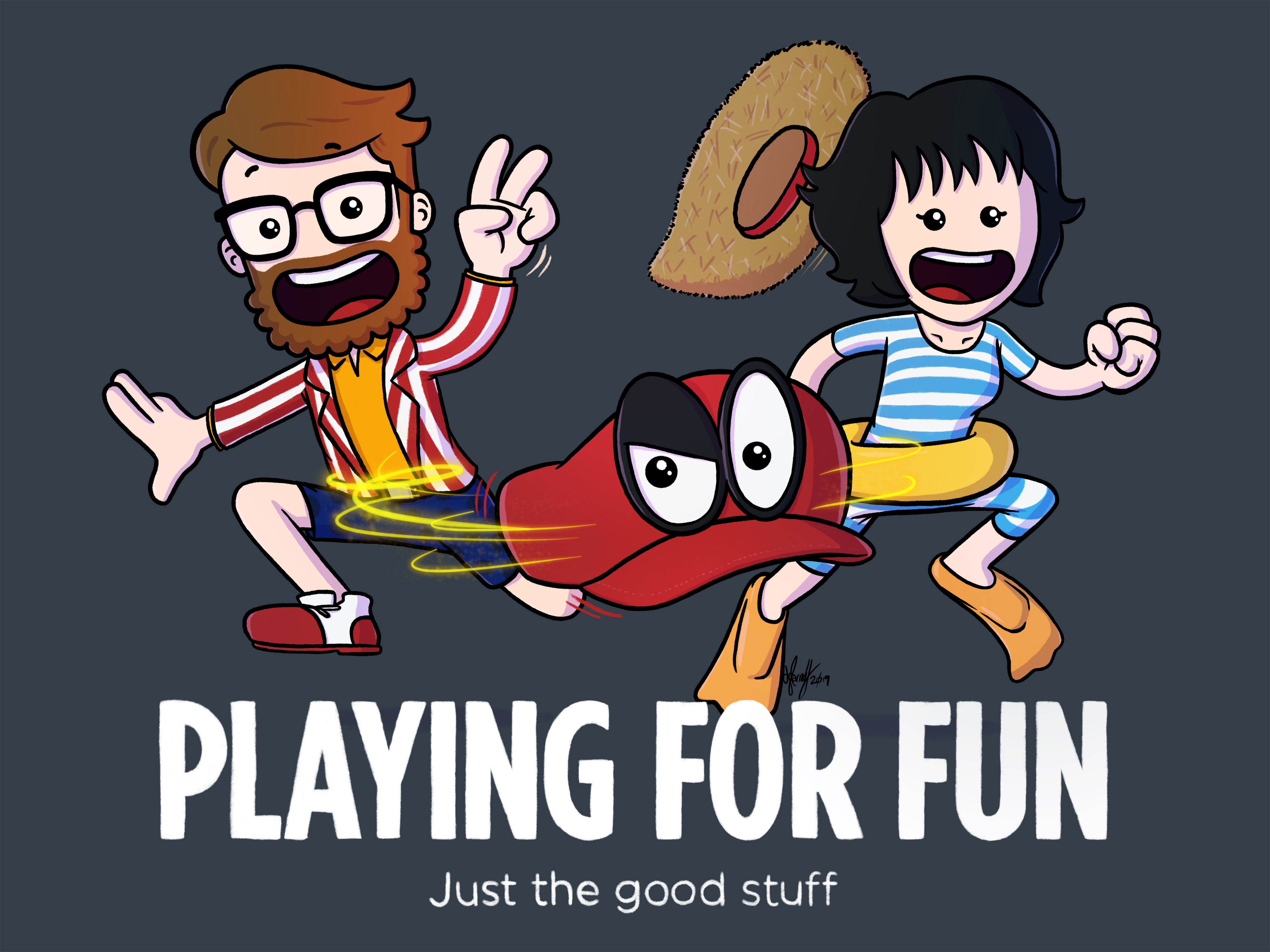 A cartoon illustration featuring two characters dressed in outfits from Super Mario Odyssey. The characters are jumping with enthusiasm, accompanied by Cappy, the iconic hat with eyes. The tagline reads 'Playing for Fun – Just the good stuff.'