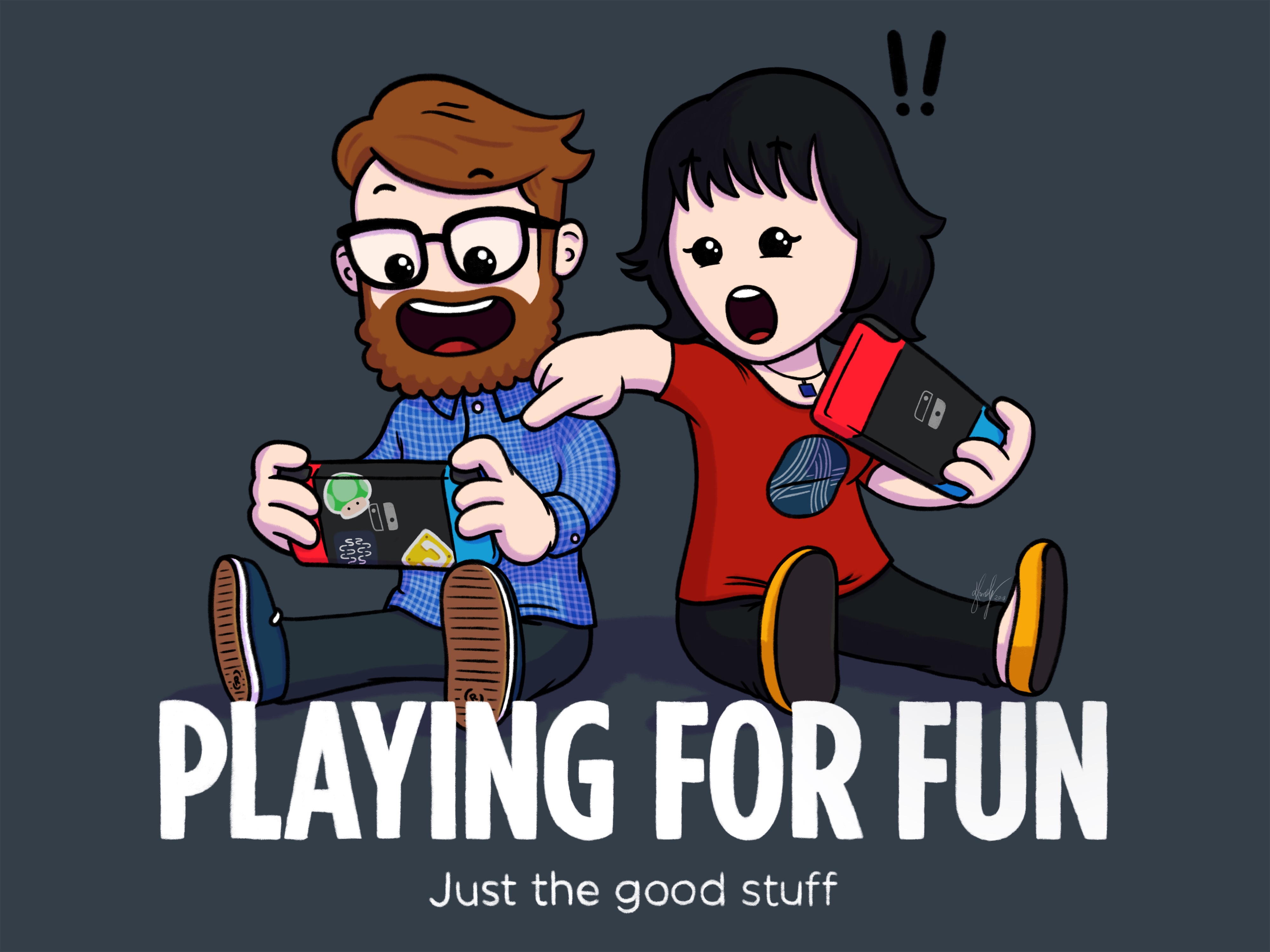 Two characters sit on the floor, engrossed in playing video games on Nintendo Switch consoles. One character excitedly reacts, pointing at the screen, while the other looks amused and focused. The tagline reads 'Playing for Fun – Just the good stuff.'